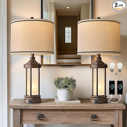 25'' Table Lamps Set of 2 for Living Room Bedroom Farmhouse Metal Lamps with 2 USB Ports, Built-In Frosted Glass Night Light Vintage Industrial Nightstand Bedside Lamp, 4 Bulbs Included, Bronze