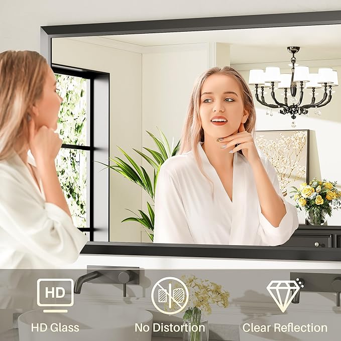 Briivue 55x36 Inch Black Bathroom Mirror for Wall, Thick Metal Framed Rectangle Mirrors for Over Sink, Bedroom, Living Room, Entryway, Anti-Rust, HD Tempered Glass
