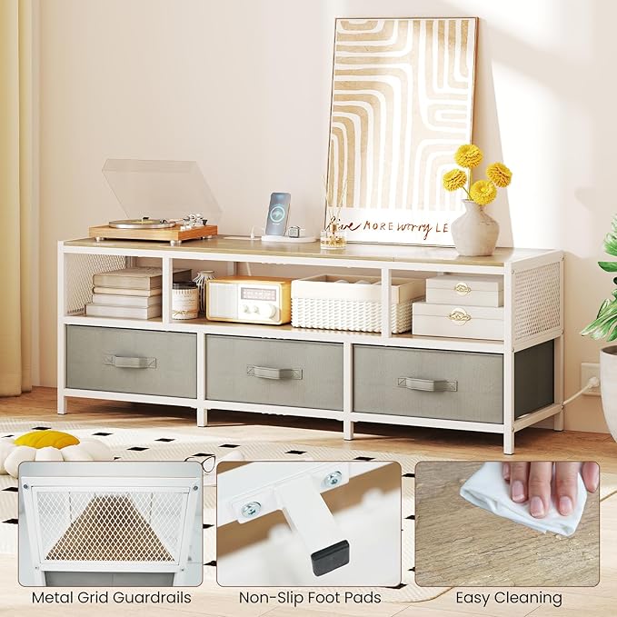 Tangkula Farmhouse TV Stand for TVs up to 65", 3-Tier Entertain Center with Power Outlets USB Charging, Media Console Table with Open Shelf & 3 Fabric Storage Drawers for Living Room (Natural)