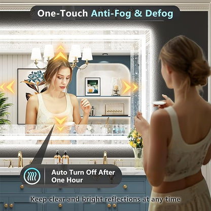 55x40 LED Bathroom Mirror with Lights, Backlit and Front Lit Anti-Fog Lighted Vanity Mirrors for Bathroom Wall, Dimmable, 3-Color Light, Memory, Shatter-Proof, HD Tempered Glass, CRI＞90