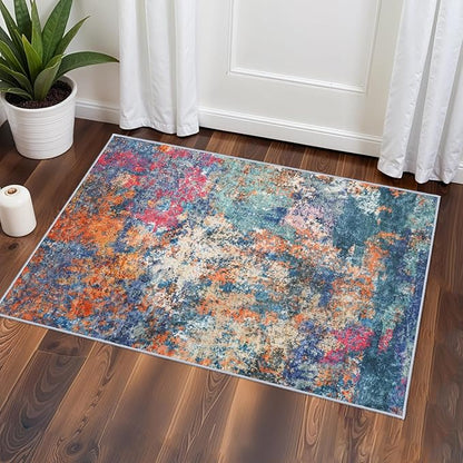 2x3 Rug Washable Runner for Entryway: Abstract Non Slip Bathroom Area Rug for Kitchen Floor Laundry Room - Small Soft Low-Pile Ultra Thin Rainbow Throw Door Mat for Modern Home Decor (2x3 Colorful)