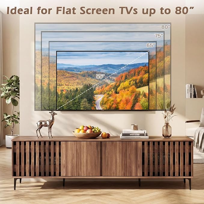 Giantex 4-Door Slatted TV Stand for 80 Inches TVs, Mid Century Modern Entertainment Center with 4 Storage Cabinets, Wooden TV Console Table with 6 Metal Legs for Living Room, Bedroom, Walnut