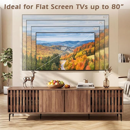 Giantex 4-Door Slatted TV Stand for 80 Inches TVs, Mid Century Modern Entertainment Center with 4 Storage Cabinets, Wooden TV Console Table with 6 Metal Legs for Living Room, Bedroom, Walnut