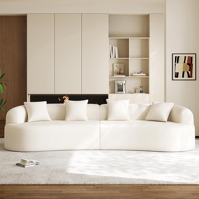 131" Oversized Sectional Sofa for Living Room, Modern Luxury Plush Chenille 4-Seater Extra Deep & Wide Seat Curved Cloud Couch with 4 Throw Pillows, No Assembly Needed, Cream White