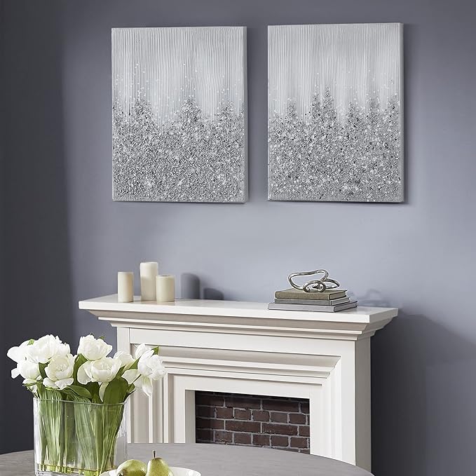 Madison Park Wall Art Living Room Decor-Embellished Hand Painted Metallic Canvas, Home Accent Glitter Abstract Bathroom Decoration Ready to Hang Bedroom Painting, 22" x 28", Silver, 2 Piece Set