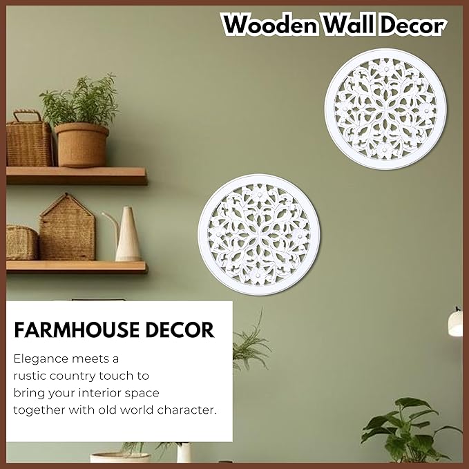 Woodify Hand-Carved Wooden Wall Décor – Set of 2, 12" x 12" Decorative Wood Panels, Floral Design, White Antique Finish, Wall Art for Living Room & Home Décor