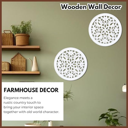 Woodify Hand-Carved Wooden Wall Décor – Set of 2, 12" x 12" Decorative Wood Panels, Floral Design, White Antique Finish, Wall Art for Living Room & Home Décor