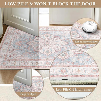 CAPALOCA Machine Washable Rugs Nursery Rug 5x7 Cute Girl Non Slip Low Pile Water Repellent Soft Print Pattern for Bedroom Indoor Decor Kids Playroom Pink Blue