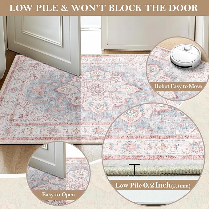 CAPALOCA Machine Washable Rugs Nursery Rug 6x9 Cute Girl Non Slip Low Pile Water Repellent Soft Print Pattern for Bedroom Indoor Decor Kids Playroom Pink Blue
