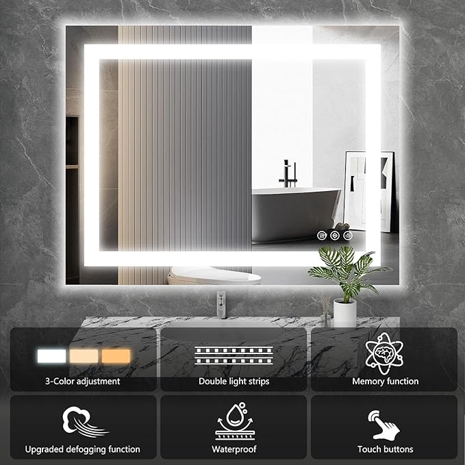 Sweetcrispy 36"x36" Smart Anti-Fog LED Bathroom Mirror with Lights and 3 Color Temperatures, Dimmable, Memory Function, Rectangle Modern Vanity Mirror
