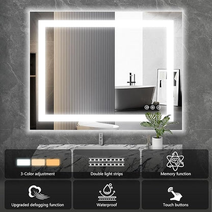 Sweetcrispy 36"x36" Smart Anti-Fog LED Bathroom Mirror with Lights and 3 Color Temperatures, Dimmable, Memory Function, Rectangle Modern Vanity Mirror
