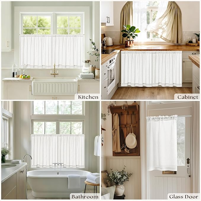 Semi Sheer Kitchen Curtains for Small Windows Light Filtering Curtains 24 inch Length Cream Boho Farmhouse Rod Pocket Cafe Drapes for Basement Bathroom Window Treatments, 25x24 Inch 2 PCS