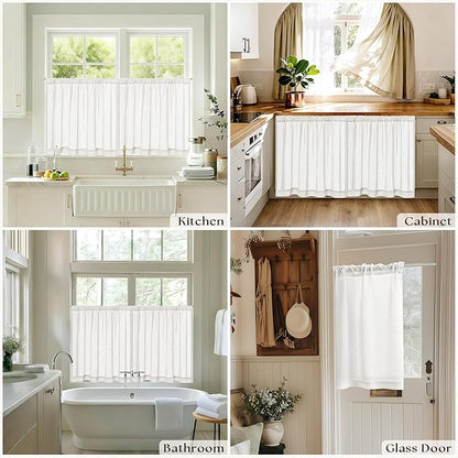 Semi Sheer Kitchen Curtains for Small Windows Light Filtering Curtains 24 inch Length Cream Boho Farmhouse Rod Pocket Cafe Drapes for Basement Bathroom Window Treatments, 25x24 Inch 2 PCS