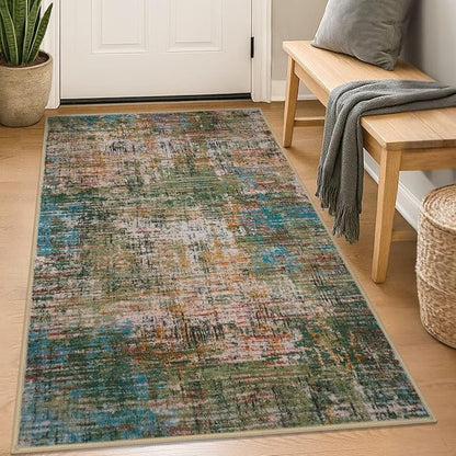KILOCOCO Abstract Area Rug 3x5 Entryway Rug Washable Kitchen Rugs Non Slip Soft Pinted Entrance Rugs Indoor Mat for Front Door Foyer Farmhouse Living Room Floor Carpet, Green/Orange/Blue