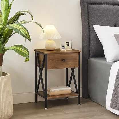 VECELO Nightstand,Modern Bedside End Table, Night Stand with Drawer and Storage Shelf for Living Room Bedroom, Industrial Metal Frame