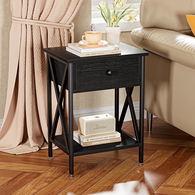 VECELO Nightstand,Modern Bedside End Table, Night Stand with Drawer and Storage Shelf for Living Room Bedroom, Industrial Metal Frame