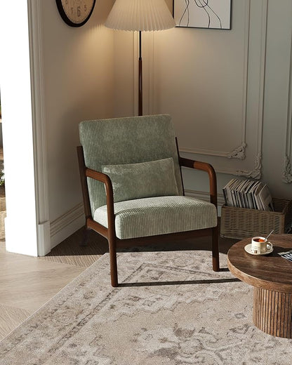 Garvee Mid-Century Modern Accent Chair, Wide-Wale Corduroy Upholstery, Solid Wood Armchair with Removable Lumbar Pillow, Sturdy Reading Chair for Living Room, Bedroom, Guest Room, Easy Assembly, Green