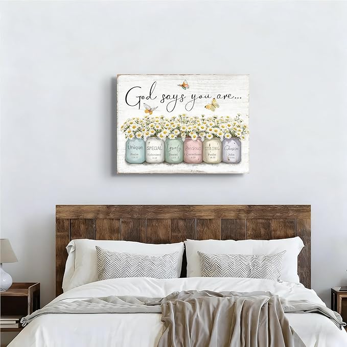 Inspirational Bible Verse Wall Art God Says You Are Sayings Wall Decort Christian Gift Quotes Painting scripture Pictures Print Flowers in Mason Jar Poster for Women Girls Bedroom(24x16 Canvas)