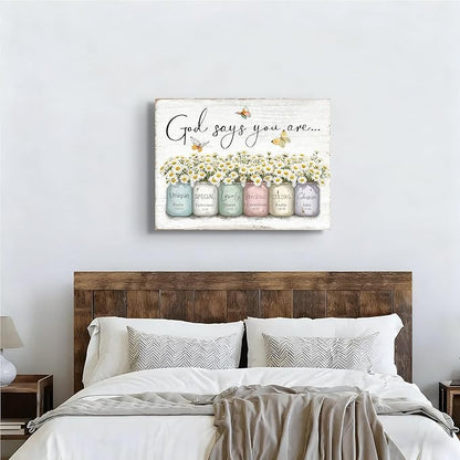 Inspirational Bible Verse Wall Art God Says You Are Sayings Wall Decort Christian Gift Quotes Painting scripture Pictures Print Flowers in Mason Jar Poster for Women Girls Bedroom(24x16 Canvas)