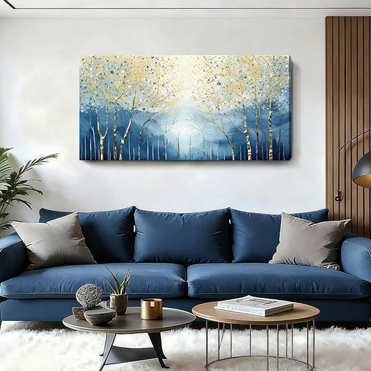 amatop Large Abstract Art Wall Hanging For The Living Room, Featuring Modern Plant Prints Pictures And Blue And Yellow Tree Artwork For Bedrooms, Bathrooms, Dining Rooms, And Studies. 48X24 Inches.