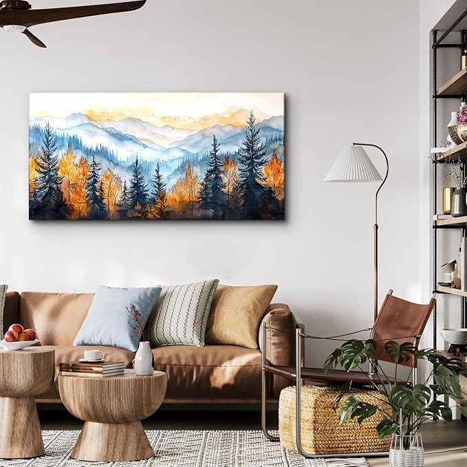 crmotu Mountain Wall Art, Forest Canvas Wall Art, Landscape Art Wall Decor, Autumn Pine Tree Aesthetic Nature Art Prints, Modern Watercolor Painting Wall Decor Living Room Bedroom Kitchen 20"X40"