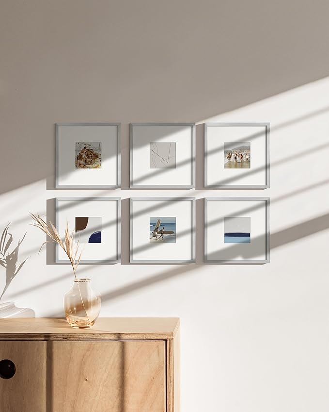 HAUS AND HUES 8x8 Silver Metal Picture Frames Matted to 4x4 - Features Premium Aluminum & Hanging Hardware, Shatterproof Plexiglass - Ideal for Home, Room, Office (8x8 in, Silver, Set of 15)