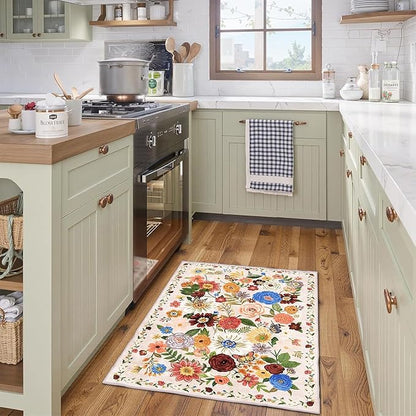 Area Rugs 24x17 Inch Home Decor Entry Rug, Small Door Mat Bath Mats for Bathroom, Ultra-Thin Non Slip Floral Rug Low Pile Tub Mat for Sink Shower Doorway Tub Kitchen Sink(2 x 1.4 ft, Beige)