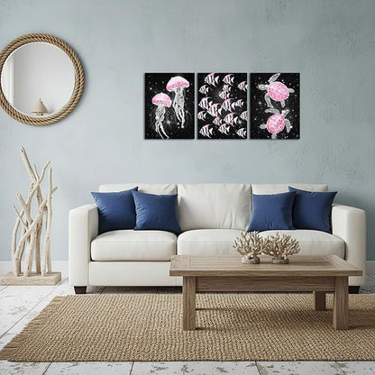 sechars Ocean Sea Life Wall Art Jellyfish Tropical Fish and Sea Turtles Pictures Modern Bathroom Nautical Decor (Pink)