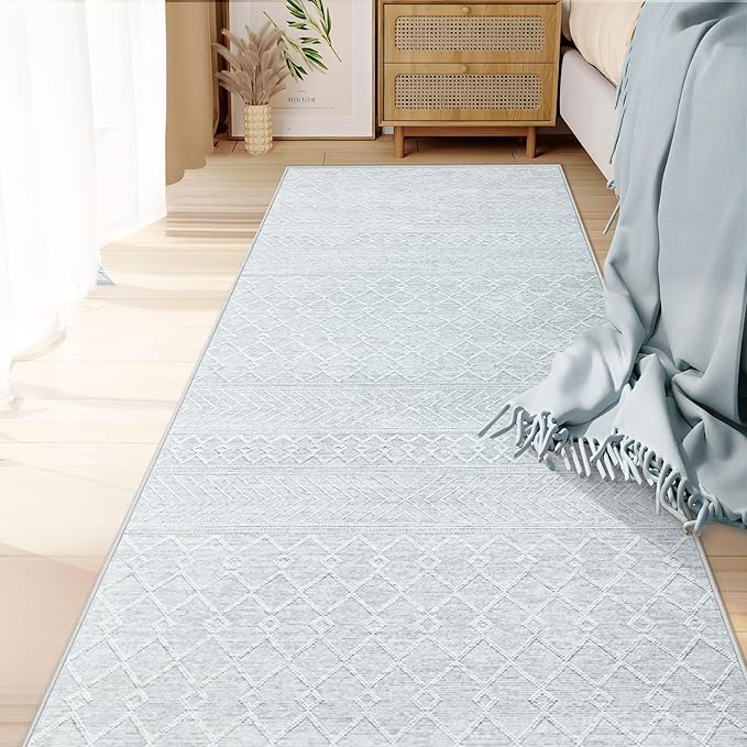 Runner Rug 2x6 Boho Geometric Area Rugs: Small Washable Kitchen Entryway Rug, Soft Non Slip Moroccan Long Hallway Rugs for Bedroom Bathroom Laundry Entryway Staircase Foyer(Modern Grey,2'x6')