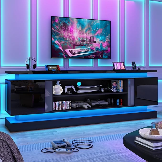 chartustriable 81IN LED TV Stands w/Power Outlet for 90/80/75 Inch TVs,High Glossy Modern Tall Entertainment Center TV Media Console Gaming with 2 Storage Cabinets,Dual LED Lights,Black