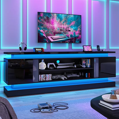 chartustriable 81IN LED TV Stands w/Power Outlet for 90/80/75 Inch TVs,High Glossy Modern Tall Entertainment Center TV Media Console Gaming with 2 Storage Cabinets,Dual LED Lights,Black