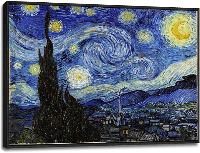 Starry Night Black Framed Wall Art, Vincent Van Gogh Canvas Print art, Classic Paintings Reproduction Pictures Poster, Abstract Artwork for Home Decor 24"x36"
