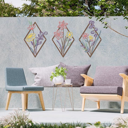 ShxTrade 3 Pcs Metal Flowers Wall Arts, Rustic Farmhouse Decor Minimalist Flower Wall Decors Natural Themed Home Decorations for Bathroom Kitchen Living Room Bedroom (Purple)