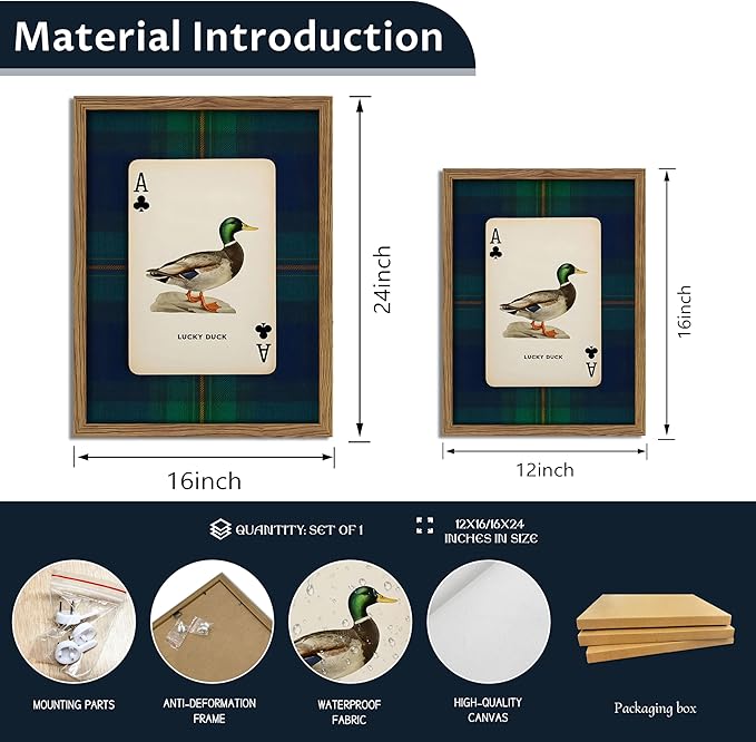 Framed Vintage Mallard Duck Wall Art, Country Lucky Duck Wildlife Poker Wall Decor Painting, Nature Rustic Farmhouse Hunting Canvas Prints Pictures for Living Room Bedroom 16x24 Inch