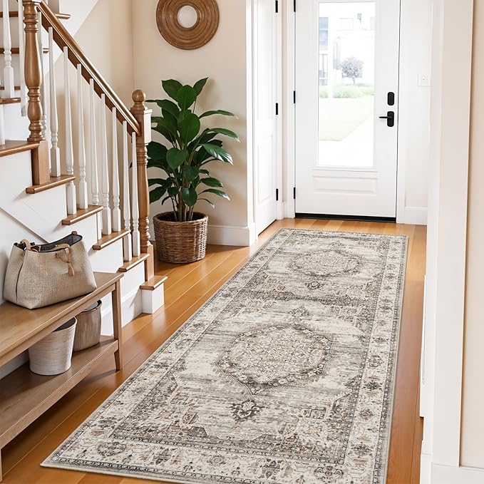 Washable Hallway Runner Rugs 3x6: Soft Ultra Thin Low Pile Carpet Machine Washable Indoor Lightweight Rug Runner Anti Slip Backing Rugs for Living Room Bedroom Kitchen 3'x6' Beige