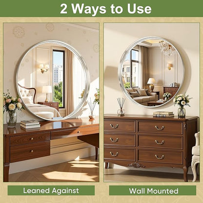 Round Bathroom Mirror, 30 Inch Silver Circle Mirror with Metal Deep Frame, Round Mirrors for Wall Decor, Vanity, Entryway, Living Room