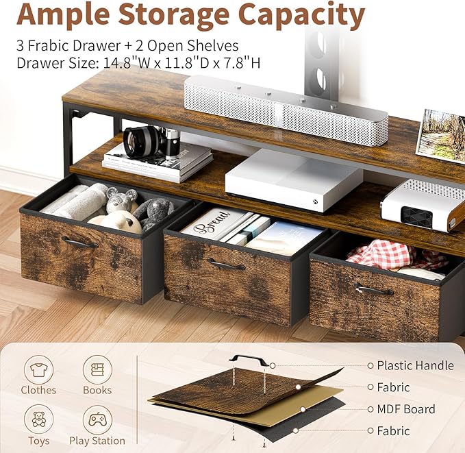 JUSTOGO TV Stand with Mount and Power Outlet, TV Stand with Drawers Storage for Living Room Bedroom, LED Entertainment Center for 45 55 60 65 inch, Height Adjustable Media Console, Rustic Brown