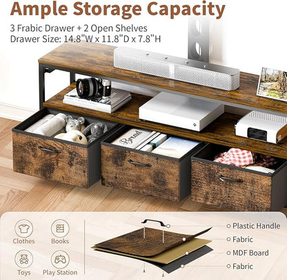JUSTOGO TV Stand with Mount and Power Outlet, TV Stand with Drawers Storage for Living Room Bedroom, LED Entertainment Center for 45 55 60 65 inch, Height Adjustable Media Console, Rustic Brown
