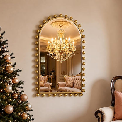 24x36 Inch Arched Wall Mirror with Antique Gold Ball Frame, Beveled Arched Decorative Wall Mirror, Vintage Gold Accent Mirror for Living Room, Entryway, Bedroom, Hallway & Over Console Decor