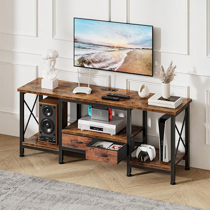 DUMOS 55” TV Stand with Power Outlets, Entertainment Center for TVs Up to 65 Inches, Industrial Media Console with Fabric Drawers & Open Shelves, Rustic Brown TV Table for Living Room, Bedroom