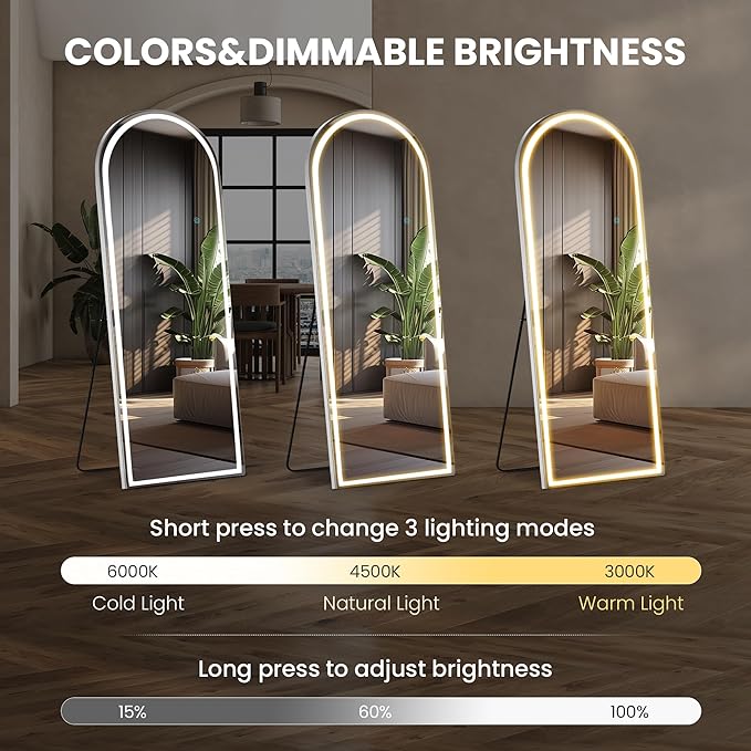 Sweetcrispy Arched Full Length Mirror with LED Lights, 71.3" x26.5 Lighted Floor Mirror with Dimming & 3 Color Lighting, Stand for Bedroom, Dressing Room