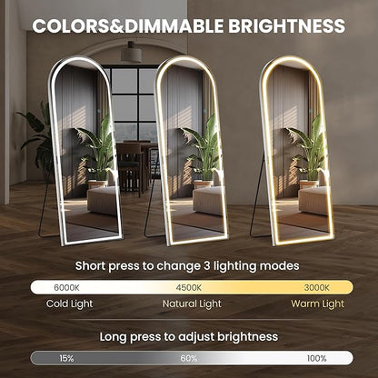 Sweetcrispy Arched Full Length Mirror with LED Lights, 71.3" x26.5 Lighted Floor Mirror with Dimming & 3 Color Lighting, Stand for Bedroom, Dressing Room