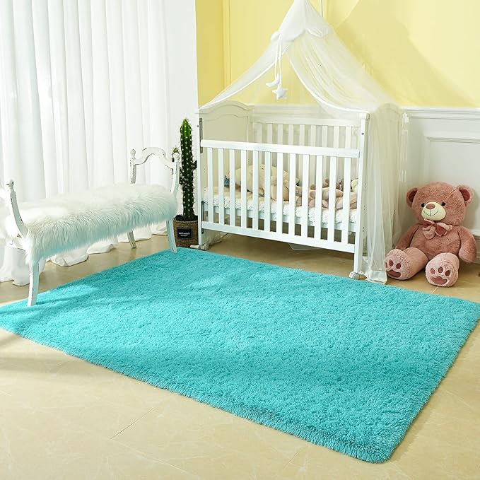 Andecor Soft Fluffy Bedroom Rugs, 4 x 6 Feet Indoor Shaggy Plush Area Rug for Boys Girls Kids Baby College Dorm Living Room Home Decor Floor Carpet, Teal Blue