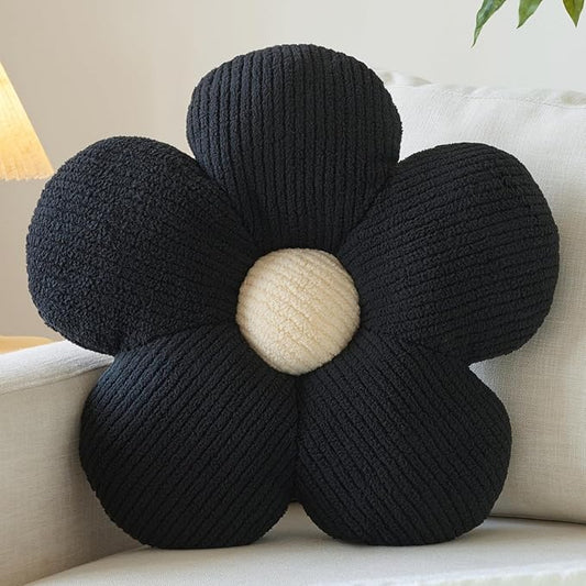 Flower Pillow, Decorative Throw Pillow for Couch, Cute Decor Pillows for Bed, Aesthetic Flower Shaped Pillow Fun Cushion (Black, 19.6 Inches)