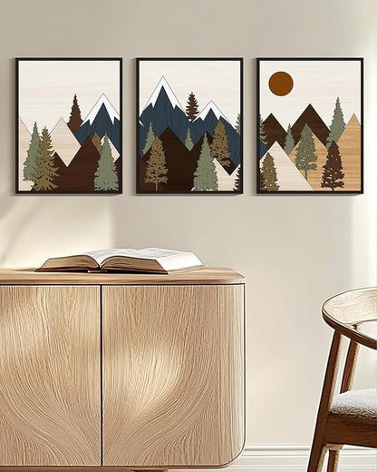 Drsoum Morden Mountains Landscape Wall Art Framed Boho Pine Tree Forest Nature Prints Boho Farmhouse Rustic Artwork Hallway Bedroom Ready to Hang 16x24in Black Framed