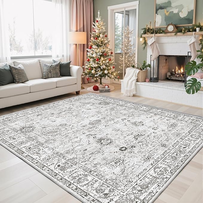 Grey White Area Rugs 5x8 for Living Room Bedroom, Non-Slip Washable Rugs Stain Resistant Boho Rug Low Pile Rug for ‎Dining Room Office (5 x 8, Grey White)