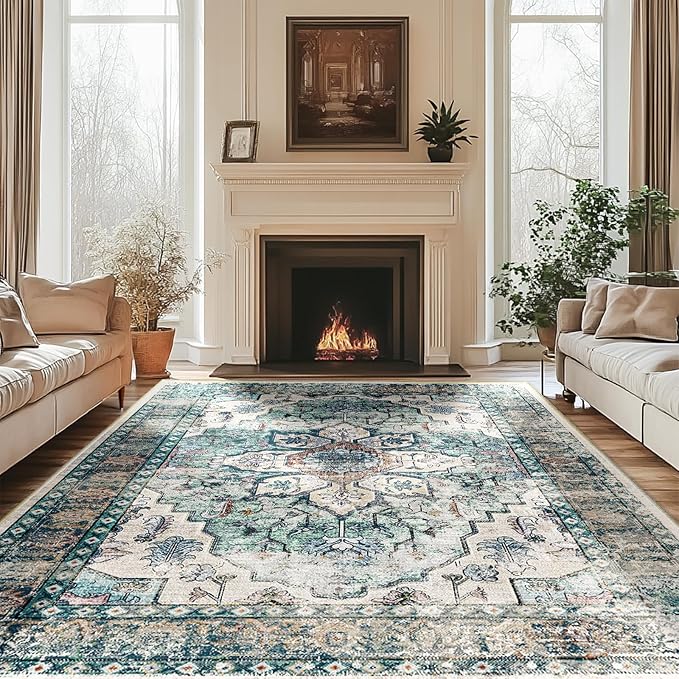 BESTSWEETIE 6x9 Area Rug Washable Rugs for Living Room, No Pile Boho Carpet for Entryway Bedroom Dining Room, Vintage Carpet Print Distressed Non-Slip, 6 x 9 ft, Green
