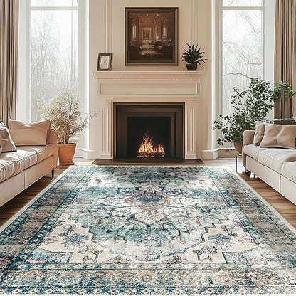 BESTSWEETIE 6x9 Area Rug Washable Rugs for Living Room, No Pile Boho Carpet for Entryway Bedroom Dining Room, Vintage Carpet Print Distressed Non-Slip, 6 x 9 ft, Green