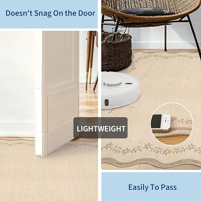 GarveeHome 2.6x10 Scalloped Washable Runner Rug for Kitchen, Soft Jute Long Hallway Runner Non Slip Entryway Rug Farmhouse Thin Laundry Mat Stain Resistant Carpet for Bathroom Beside Rug