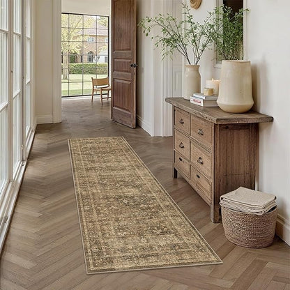 2x6 Brown Runner Rug Hallway Non Slip Washable Area Rugs Kitchen Soft Vintage Boho Long Rug Distressed Floral Carpet Indoor Low Pile Throw Rug for Bedroom Bathroom Laundry Dining Room Office